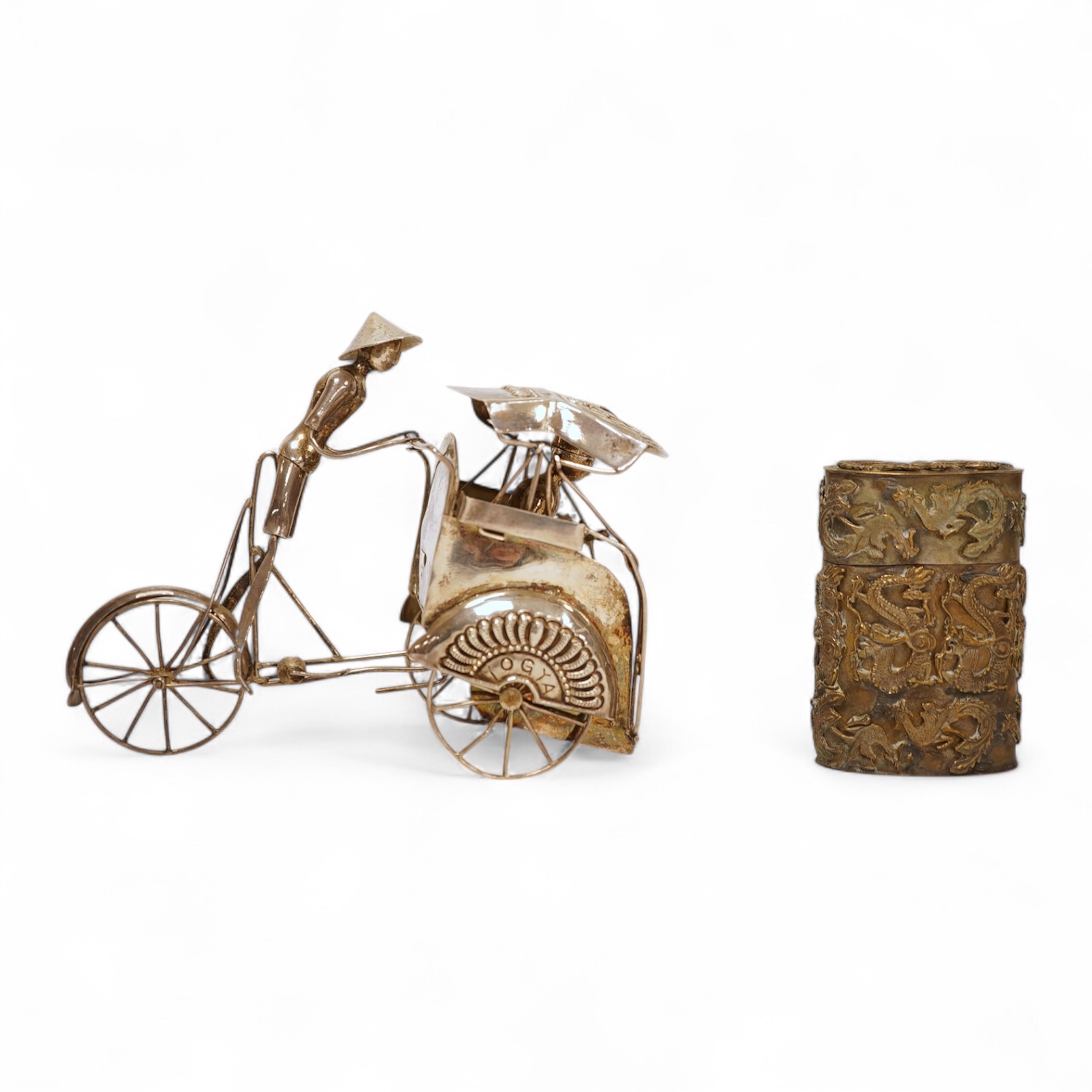 A Yogya 835 standard white metal model of figure and rickshaw, length 12cm, together with a Chinese metal box and cover.